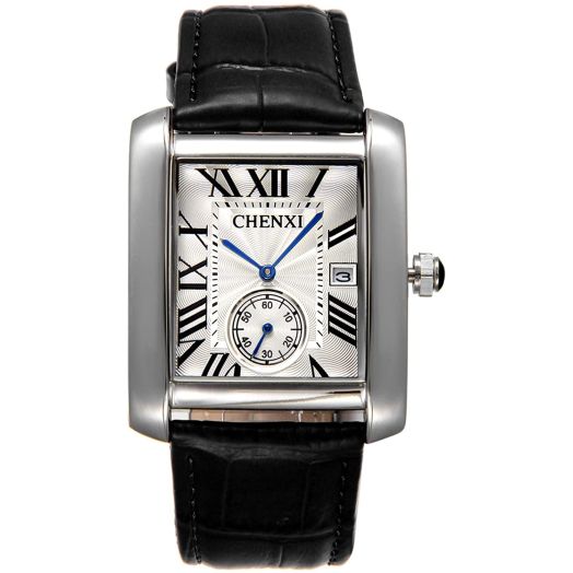 Men's Retro Square Face Japan Quartz Calendar Watch Black Leather Independent Second Dial Dress Wrist Watches