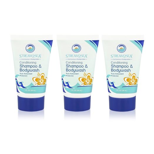 Stream2Sea Sulfate Free Conditioning Shampoo and Body Wash with Keratin and Panthenol, 1oz Each, Pack of 3
