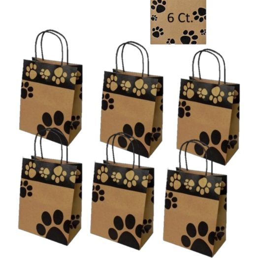 Gift Bags Dog Cat Paw Prints - 6 Count - Bags Only (Medium, Kraft Paws)