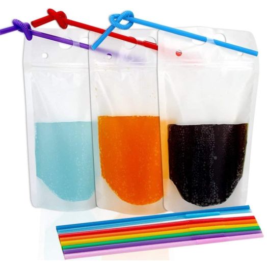 TOMNK 100pcs Clear Drink Pouches Bags Smoothie Bags Reclosable Zipper Heavy Duty Hand-held Translucent Stand-up Plastic Pouches Bags Drinking Bags 2.4 Inches Bottom Gusset with 100pcs Straws