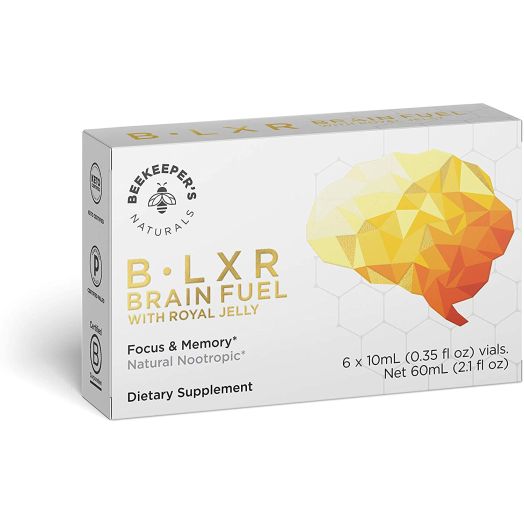 BEEKEEPER'S NATURALS B.LXR Brain Fuel - Memory, Focus and Clarity Liquid Formula, Supports Productivity - Royal Jelly, Ginkgo Biloba, Bacopa Monnieri - Keto Friendly, Gluten and Caffeine-Free, 6 Pack