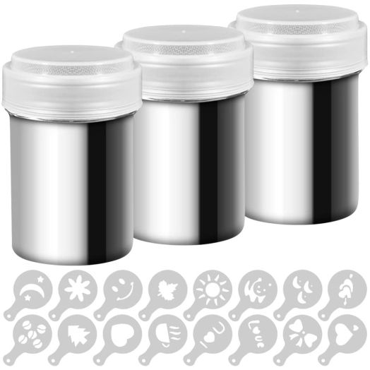 3 Pack Stainless Steel Powder Shaker, Coffee Cocoa Dredges with Fine-Mesh Lid, AIFUDA Power Can For Baking Cooking Home Restaurant with 16 Pcs Printing Molds Stencils