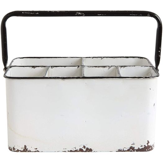 Creative Co-Op Distressed Metal Caddy Enamel Finish with Black Rim and 6 Compartments, 11" L x 6-1/4" W x 9" H, White