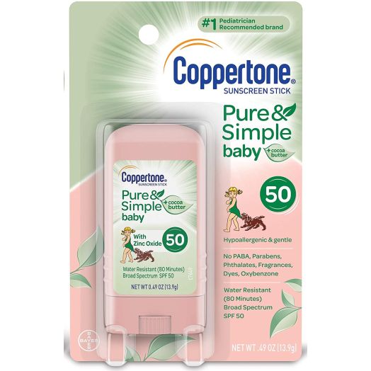 Coppertone Pure and Simple Baby SPF 50 Sunscreen Stick, Water Resistant, Pediatrician Recommended, Mineral Based, Cocoa butter, Broad Spectrum UVA/UVB Protection, 0.49 Ounce