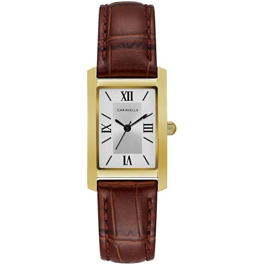 Caravelle Designed by Bulova Women's Stainless Steel Quartz Watch with Leather Calfskin Strap, Brown, 16 (Model: 44L234)