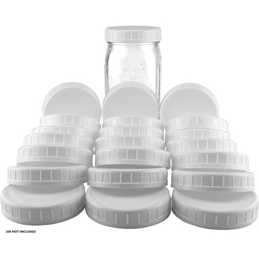 Two Dozen Wide Mouth Plastic Mason Jar Lids (24-Pack Bundle); 2 Dozen Unlined White Ribbed Lids, 86-450 Size