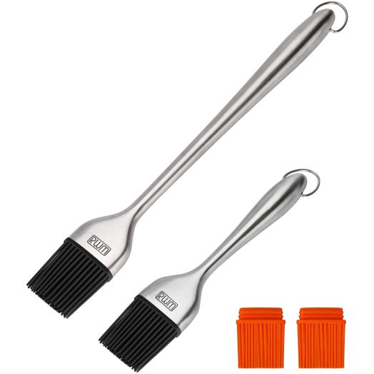 RWM Basting Brush - Grilling BBQ Baking, Pastry, and Oil Stainless Steel Brushes with Back up Silicone Brush Heads(Orange) For Kitchen Cooking and Marinating, Dishwasher Safe