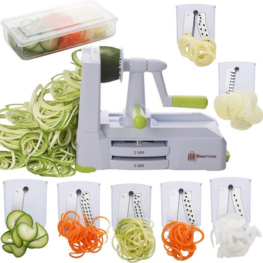 Brieftons 7-Blade Spiralizer: Strongest-and-Heaviest Duty Vegetable Spiral Slicer, Best Veggie Pasta Spaghetti Maker for Low Carb/Paleo/Gluten-Free, With Container, Lid, Blade Caddy and 4 Recipe Ebooks