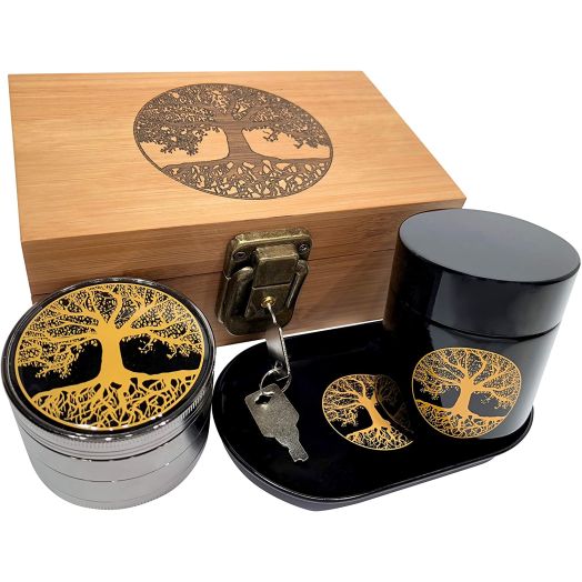Tree of Life Stash Box Combo - Full Size Bamboo box grinder and jar - Engraved Wood Stash Box (Tree of Life)