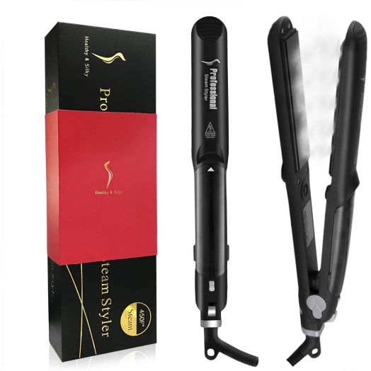 Steam Straighteners for Hair, DORISILK Professional Salon Ceramic Tourmaline Vapor Steam Flat Iron Hair Straightener, Dual Voltage 2 in 1 Straightening Curling, LED Display with Adjustable Temp.