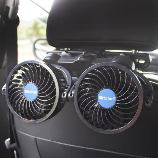 poraxy Car Fans,12V Electric Auto Cooling Fan, Headrest 360 Degree Rotatable Dual Head Stepless Speed Rear Seat Air Fan for Sedan SUV RV Boat