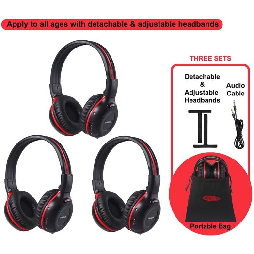SIMOLIO 3 Pack of DVD Wireless Headphones with Storage Bag, Durable Car Kids IR Headphones Wireless for Car Entertainment System, Infrared Headphones with Aux Cord, Not Work on 2017+ GM's or Pacifica