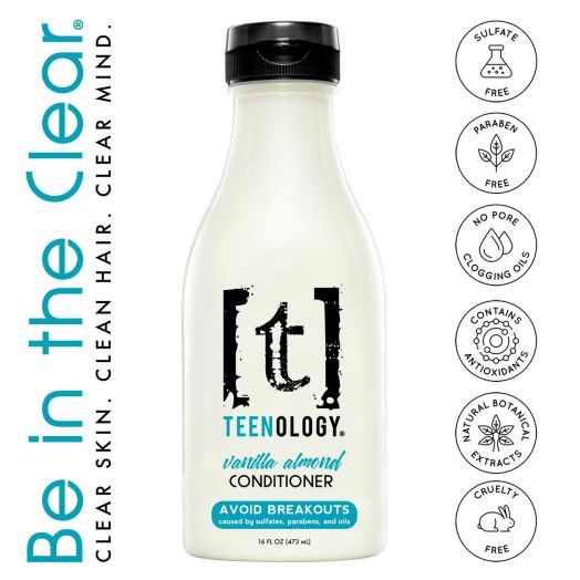 TEENOLOGY Conditioner for Teens - Avoid Forehead Acne and Breakouts - Sulfate and Paraben Free, Noncomedogenic, Natural Botanical Extracts, Vanilla Almond - 16 oz.