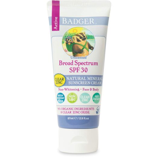 Badger - SPF 30 Clear Zinc Sunscreen Cream - Unscented - Broad Spectrum Water Resistant Reef Safe Sunscreen, Natural Mineral Sunscreen with Organic Ingredients 2.9 fl oz