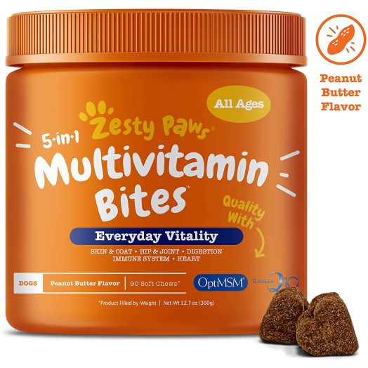Zesty Paws - Multivitamin for Dogs - Glucosamine and Chondroitin + MSM for Hip and Joint + Arthritis - Fish Oil for Skin and Coat + Digestive Enzymes and Probiotics + CoQ10 Dog Vitamins - Peanut Butter - 90 Chew Treats
