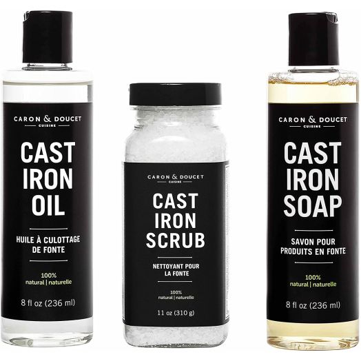 Caron and Doucet - Ultimate Cast Iron Set: Seasoning Oil, Cleaning Soap and Restoring Scrub | 100% Plant-Based and Best for Cleaning Care, Washing, Restoring and Seasoning Cast Iron Skillets, Pans and Grills!