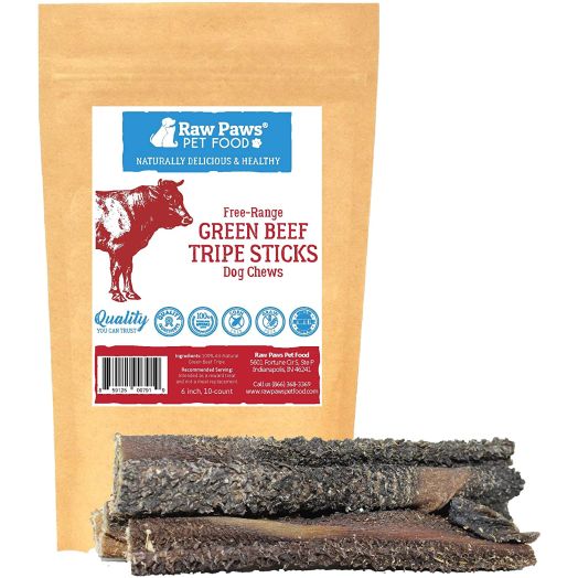 Raw Paws 6-inch Beef Green Tripe Sticks for Dogs - Packed in USA - Dried Tripe Dog Treats from Natural, Free-Range, Grass Fed Cows No Added Antibiotics or Hormones - Dehydrated Green Tripe for Dogs
