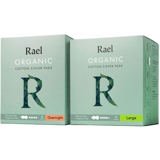 Rael Organic Cotton Sanitary Pads - Certified Organic Cotton Large Pads 1 Pack and Overnight Pads 1 Pack by Rael Variety Pack(2 Packs/ 20Total)