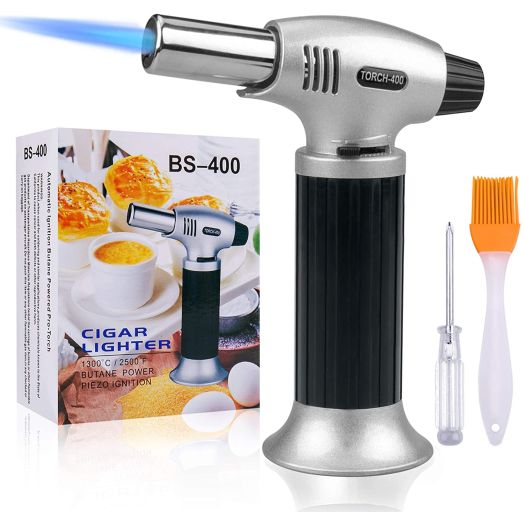 Culinary Blow Torch, Tintec Chef Cooking Torch Lighter, Butane Refillable, Flame Adjustable (MAX 2500F) with Safety Lock for Cooking, BBQ, Baking, Brulee, Creme, DIY Soldering and more (Aluminum alloy)