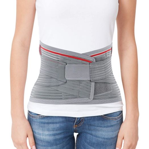 ORTONYX Lumbar Support Belt Lumbosacral Back Brace  Ergonomic Design and Breathable Material - M/L (Waist 31.5"-39.4") Gray/Red