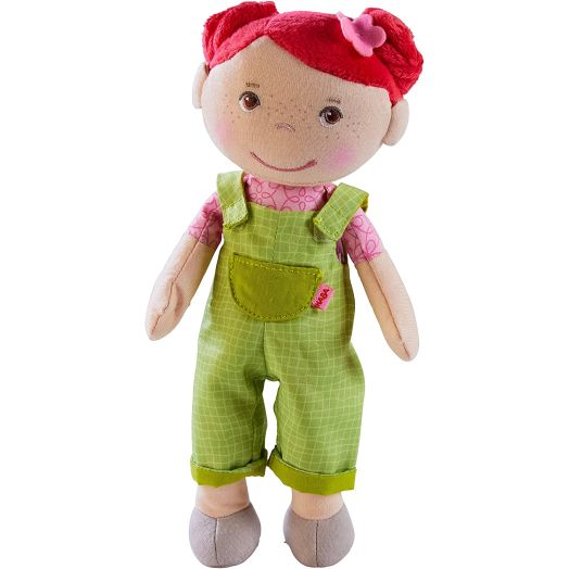 HABA Snug Up Dorothea - 10" Soft Doll with Fuzzy Red Hair, Embroidered Face and Removable Green Overalls (Machine Washable) for Ages 18 Months +
