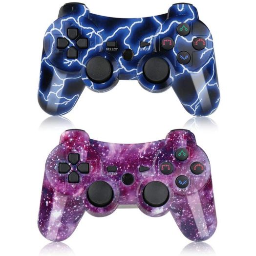 Bowei PS3 Controller Wireless 2 Pack Double Shock Gamepad for Playstation 3 Remotes, Six-Axis Wireless PS3 Controller with Charging Cable, Blue+ Purple