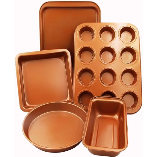 CopperKitchen Baking Pans 5 pcs Bakeware Set. Toxic Free Environmentally Friendly Nonstick. Muffin Loaf Square Sheet Round Pan