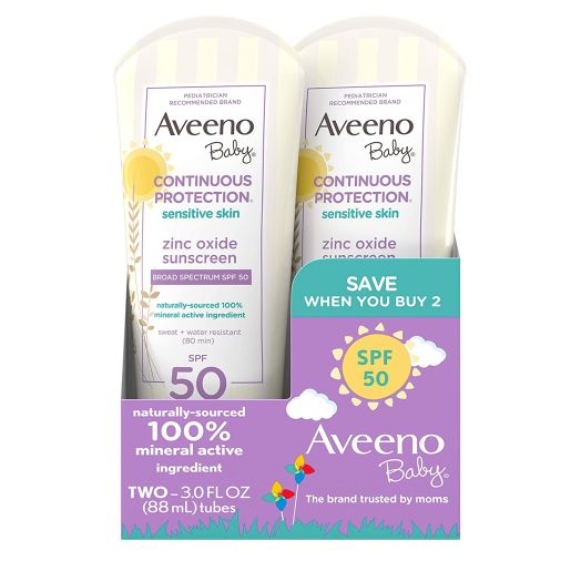 Aveeno Baby Continuous Protection Zinc Oxide Mineral Sunscreen Lotion with Broad Spectrum SPF 50, Sweat and Water Resistant, 3 fl. Oz, Pack of 2