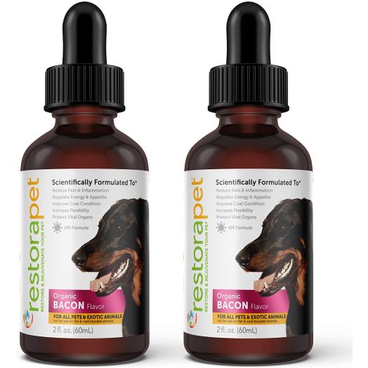 RestoraPet 2 Pack Organic Pet Supplement for Dogs, Cats and Horses | Healthy and Safe Antioxidant Liquid Drops | Anti-Inflammatory Multi-Vitamin | Increases Mobility, Energy and Reduces Joint Pain | Bacon
