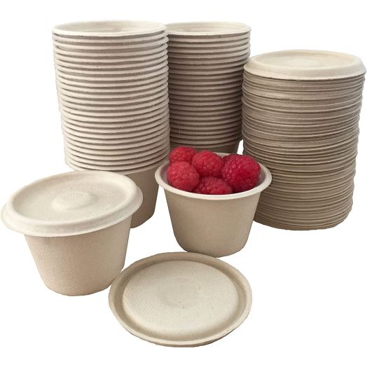 4 Ounce Souffle Cups and Lids - 100% Biodegradable and Compostable - Bagasse/Wheat Fiber - 50 Pack Outside the Box Papers Brand