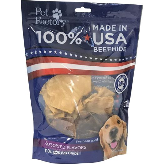 Pet Factory 78149 Beefhide Dog Chews, 99% Digestible Rawhide Treats, 100% Natural Rawhide Chips, Assorted Flavors (Beef and Chicken) 8 oz Resealable Package, Made in USA