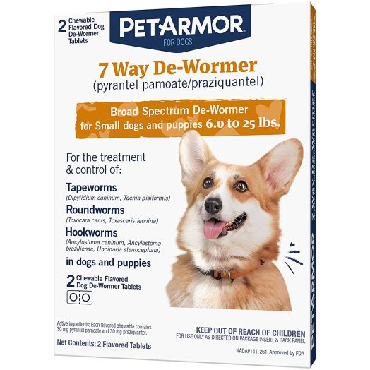PETARMOR 7 Way De-Wormer (Pyrantel Pamoate and Praziquantel) for Dogs, Includes Chewable Flavored Dog De-Wormer Tablets for Small Dogs and Puppies 6.0 to 25 pounds.