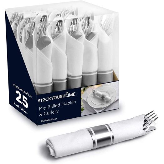 Pre Rolled Napkin and Cutlery Set 25 Pack Disposable Silverware for Catering Events, Parties, and Weddings (Silver)