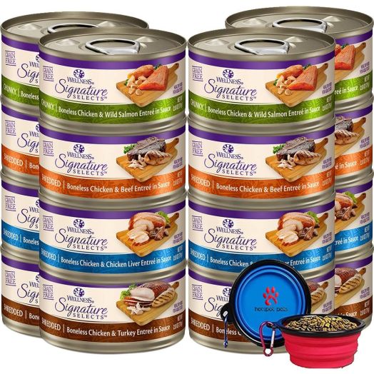 Wellness Signature Selects Canned Grain Free Wet Cat Food - Variety Bundle 4 Flavors Pack with HS Pet Food Bowl (12 Cans) (Chicken and Beef, Chicken and Liver, Chicken and Salmon, Chicken and Turkey)(2.82oz)