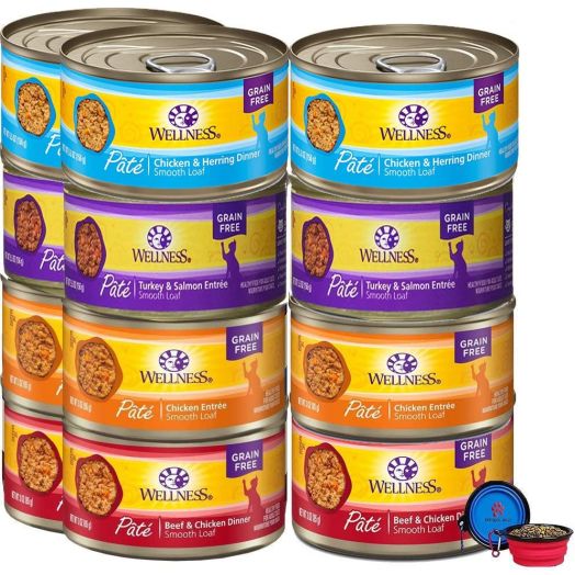 Wellness Natural Premium Canned Cat Wet Food Pate - 12 Pack Cans Variety Bundle Pack 4 Flavor - (Chicken,Beef, Salmon and Turkey) W/ HS Pet Food Bowl - (3 Ounce)