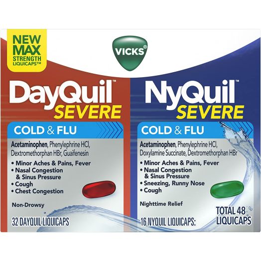 Vicks DayQuil and NyQuil SEVERE Cough, Cold and Flu Relief, 48 LiquiCaps (32 DayQuil and 16 NyQuil) - Sore Throat, Fever, and Congestion Relief, Day or Night (Packaging May Vary)