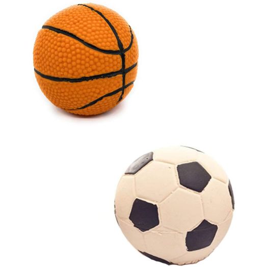 Set of 2 - Small Basketball and Soccer Ball - Soft, Squeaky Dog Toys - Natural Rubber (Latex) - 2.5" Diameter - for Puppies and Small Dogs - Complies with Same Safety Standards as Children's Toys