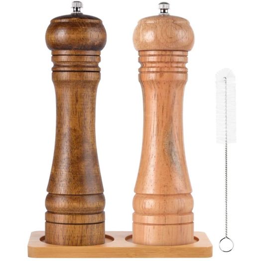 SZUAH Salt and Pepper Grinders, Oak Wooden Salt and Pepper Mills Shakers with Cleaning Brush and Wood Stand, Ceramic Rotor with Strong Adjustable Coarseness[Set of 2]