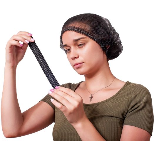 100 Pack Black Mob Caps 21". Hair Caps with elastic stretch band. Disposable Polypropylene Hats. Unisex Protective Hair Covers for food service. Breathable, Lightweight. Free size. Wholesale price.