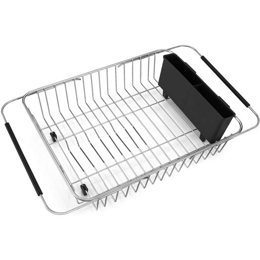iPEGTOP Expandable Dish Drying Rack, Over the Sink Dish Rack, In Sink Or On Counter Dish Drainer with Black Utensil Holder Cutlery Tray, Rustproof Stainless Steel for Kitchen