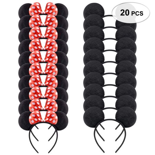 Picoway Mouse Ears Solid Black and Red Bow Headband Set of 20