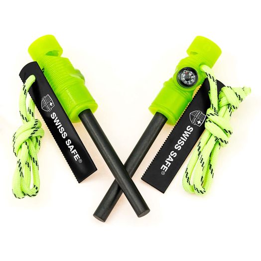 Swiss Safe 5-in-1 Fire Starter with Compass, Paracord and Whistle (2-Pack) for Emergency Survival Kits, Camping, Hiking, All-Weather Magnesium Ferro Rod