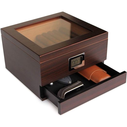 Glass Top Handcrafted Cedar Humidor with Front Digital Hygrometer, Humidifier Gel, and Accessory Drawer - Holds (25-50 Cigars) by Case Elegance