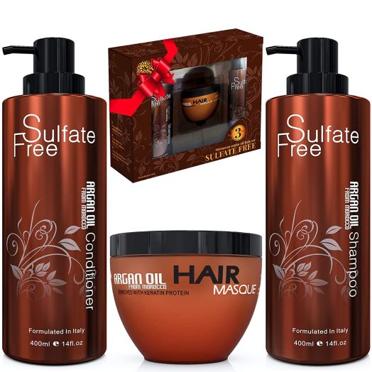 Moroccan Argan Oil Shampoo Conditioner and Hair Mask | Sulfate Free Organic Gift Set Best for Damaged, Dry, Curly or Frizzy Hair - Thickening for Fine/Thin Hair Safe for Color and Keratin Treated Hair