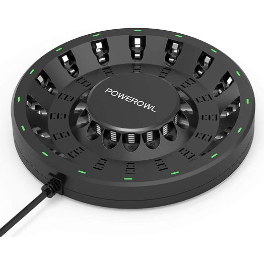 POWEROWL 16 Bay AA AAA Battery Charger (Updated, High Speed Charging) with Smart LED Light and Plug, for NIMH NICD Rechargeable Batteries and More