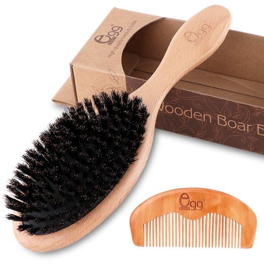 BLACK EGG Boar Bristle Hair Brush with Wooden Paddle for Thin and Normal Hair Adds Shine and Improves Hair Texture for Women Men Children with Hair Comb and 3 Hair Ties (Random Color)