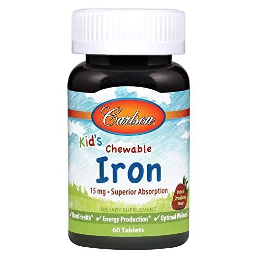 Carlson - Kid's Chewable Iron, 15 mg, Superior Absorption, Blood Health, Energy Production and Optimal Wellness, Natural Strawberry Flavor, 60 Tablets