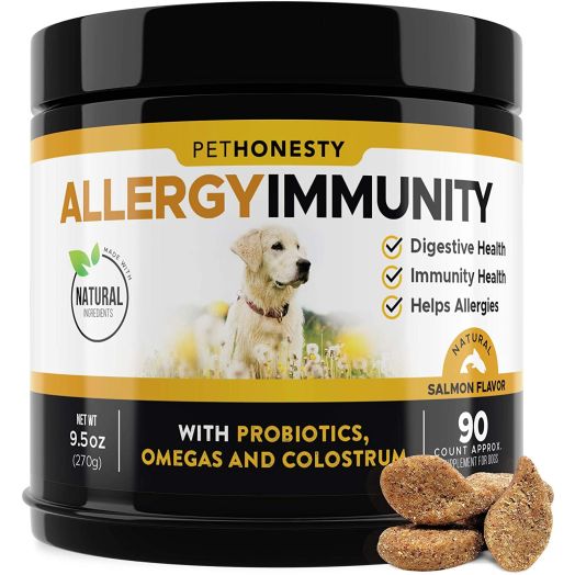 PetHonesty Allergy Relief Immunity Supplement for Dogs - Omega 3 Salmon Fish Oil, Colostrum, Digestive Prebiotics and Probiotics - for Seasonal Allergies + Anti Itch, Skin Hot Spots Soft Chews