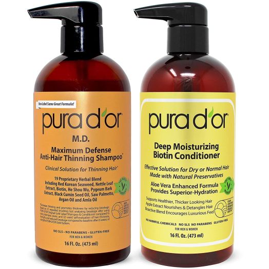 PURA D'OR MD Anti-Thinning Shampoo w/ Biotin, Coal-Tar 19+ Herbal Blend and Deep Moisturizing Conditioner Set: Reduce Hair Thinning and Healthy Scalp - All Hair Types, Men and Women (Packaging May Vary)