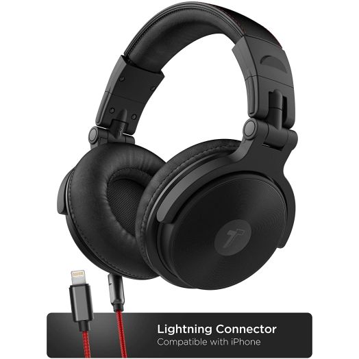 Thore Over Ear iPhone Headphones with Lightning Connector (Apple MFi Certified)  Closed Back Studio DJ Monitor Earphones (50mm Neodymium Drivers) (V200 Black/Red)
